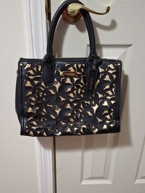 bebe Black Laser Cut Satchel with Gold Underlay and Hardware